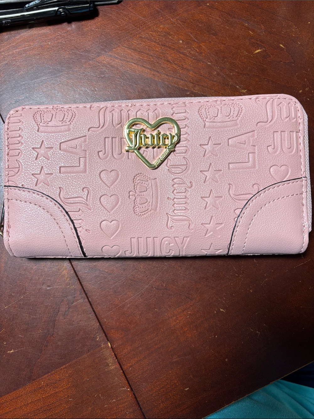 Juicy Couture Light Pink Embossed Zip-Around Wallet with Gold Heart Accent
